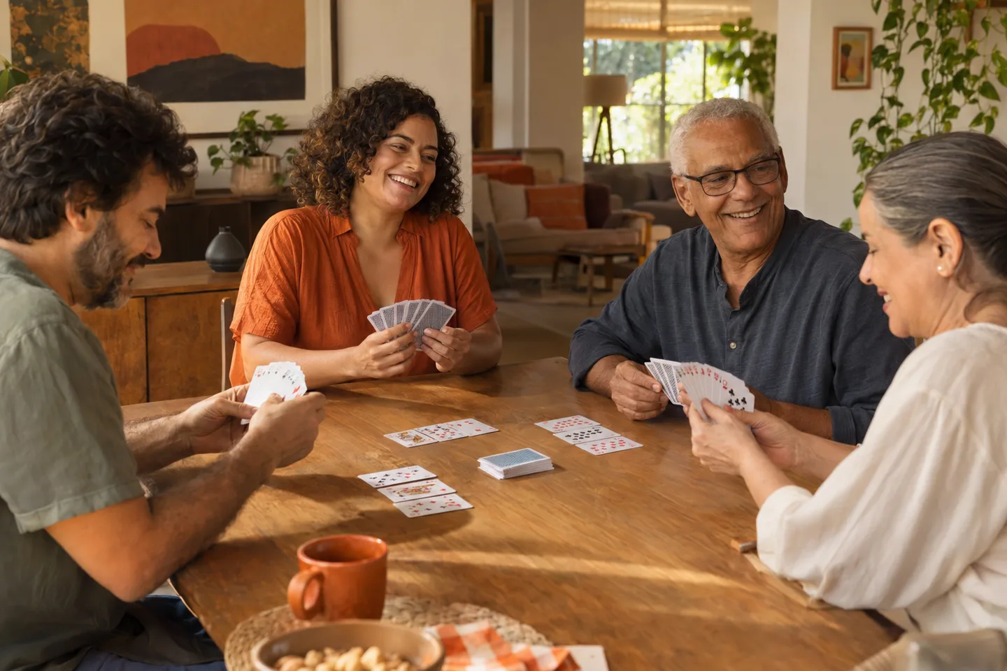 Amigos reunidos em uma mesa de madeira, sorrindo enquanto jogam baralho.