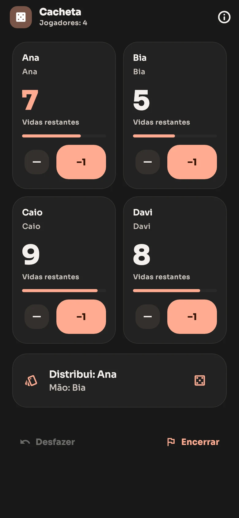 Marcador de Cacheta em modo escuro no Scorer.