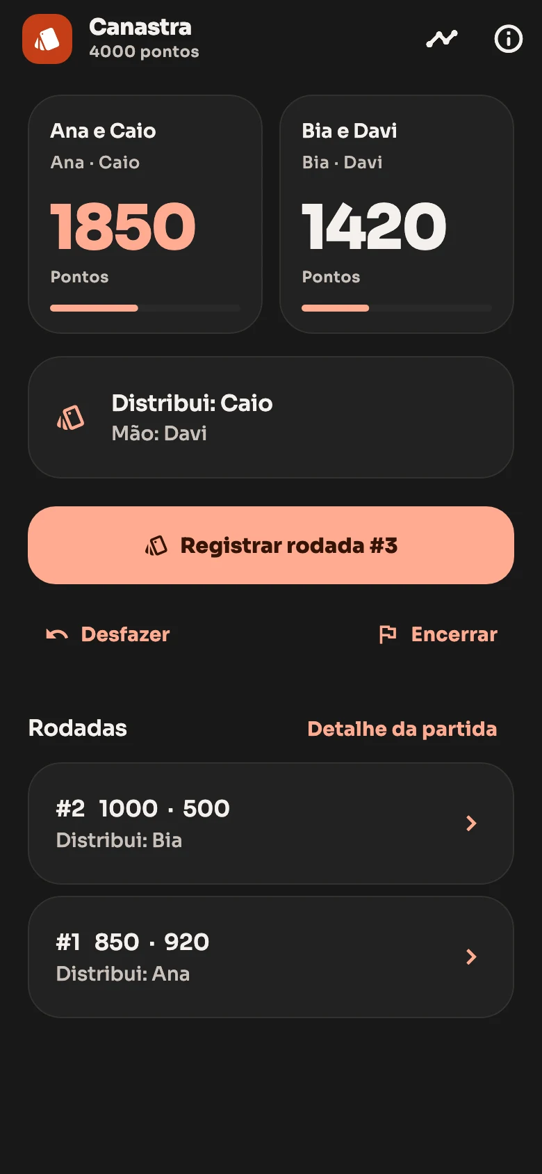 Marcador de Canastra em modo escuro no Scorer.