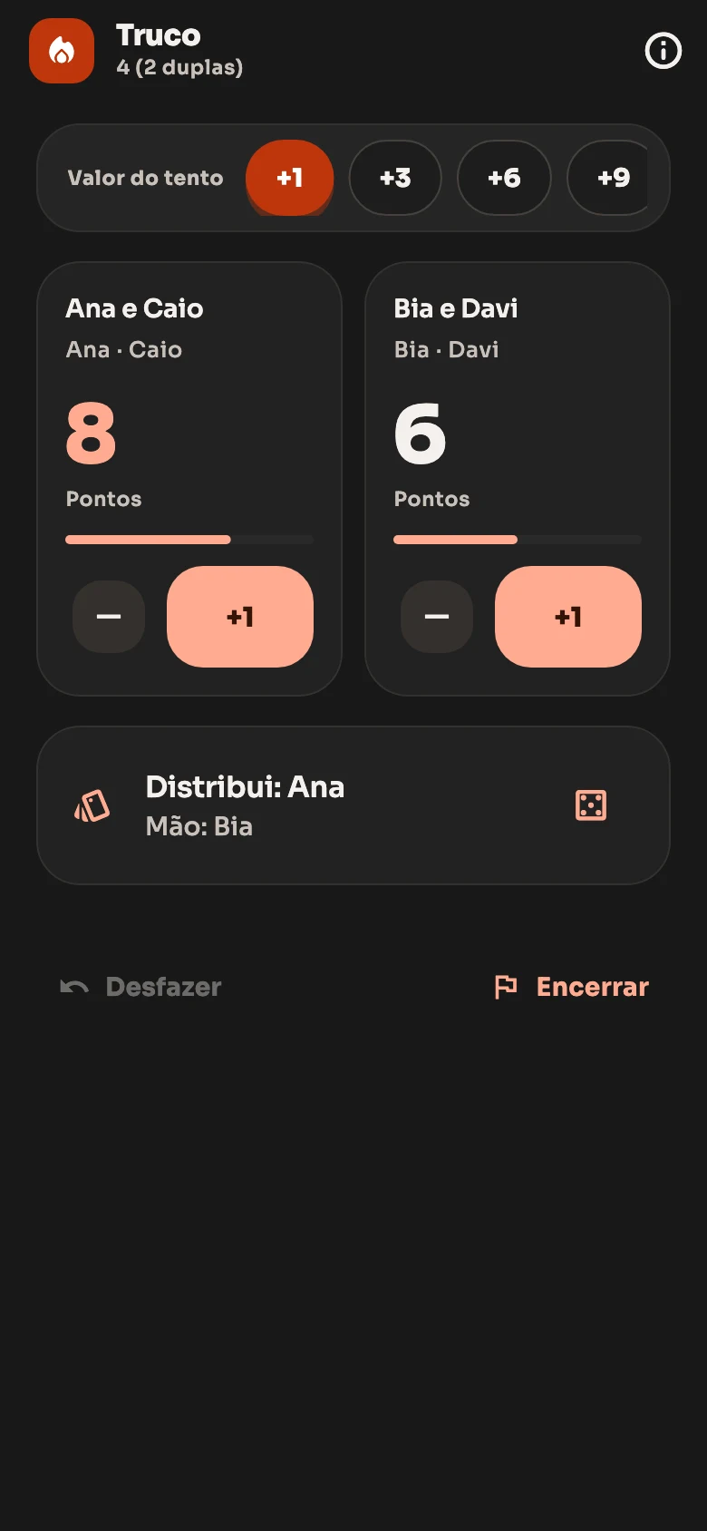 Marcador de Truco em modo escuro com controles de tentos.
