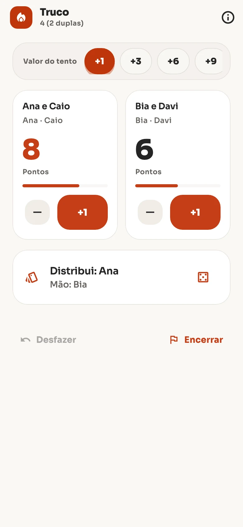 Tela real do marcador de Truco no Scorer, com pontuação e organização dos jogadores.